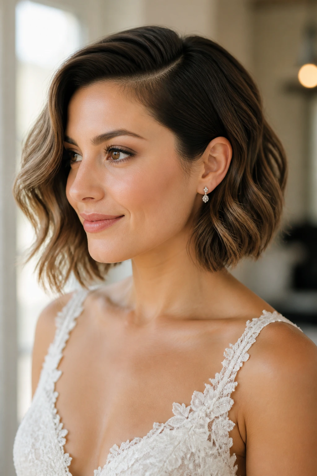 Bride with soft side-swept waves and chin-length bob, close-up