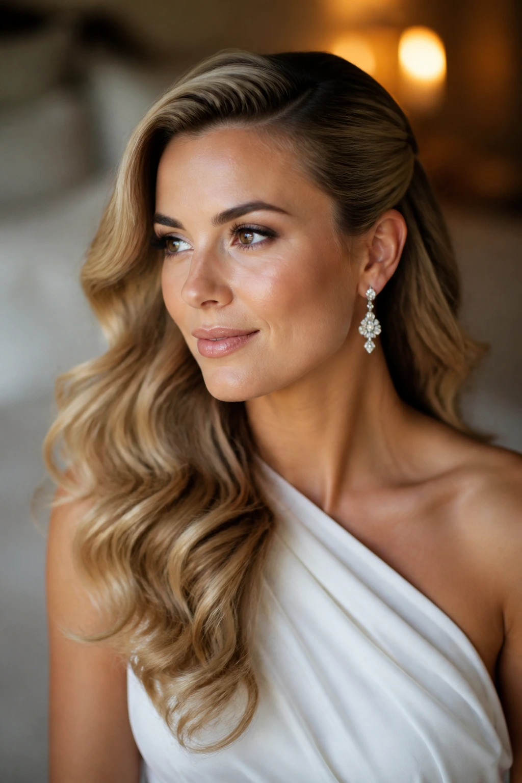 Bride with deep side-part glam waves