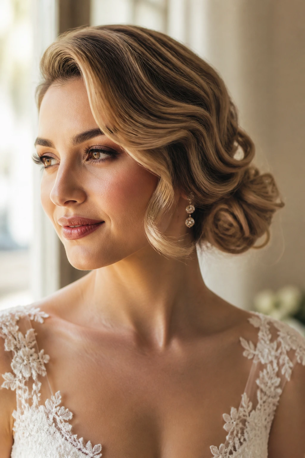 Close-up of a real bride showing side-swept waves flowing into a low bun.