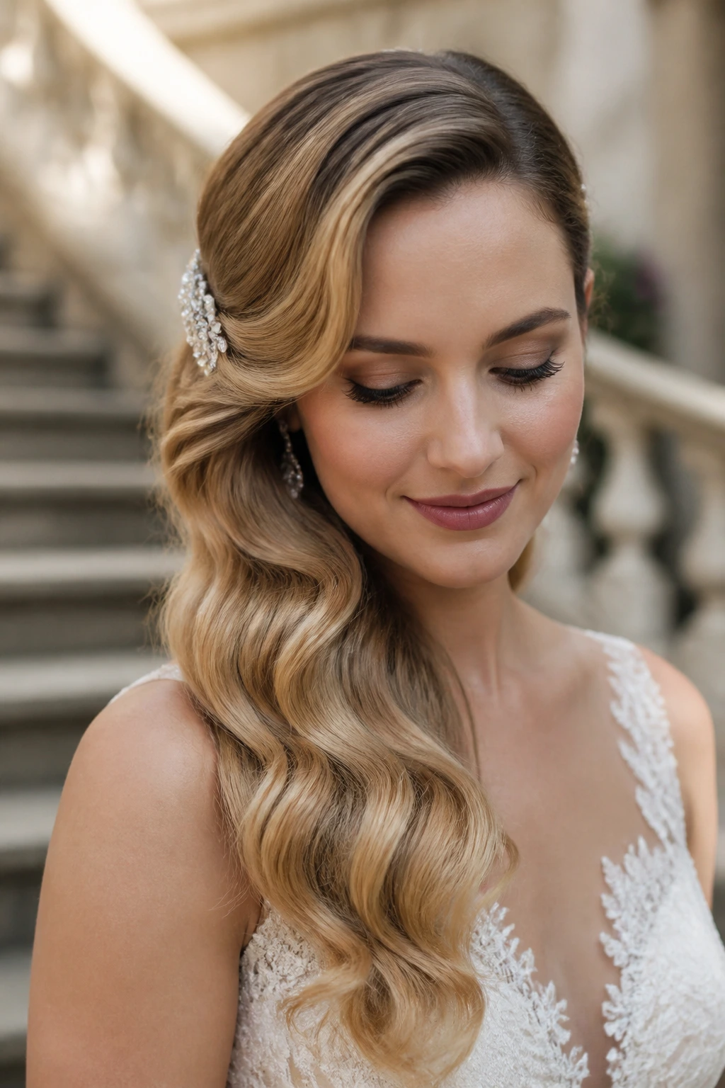 Bride with side-swept waves and a sparkling comb