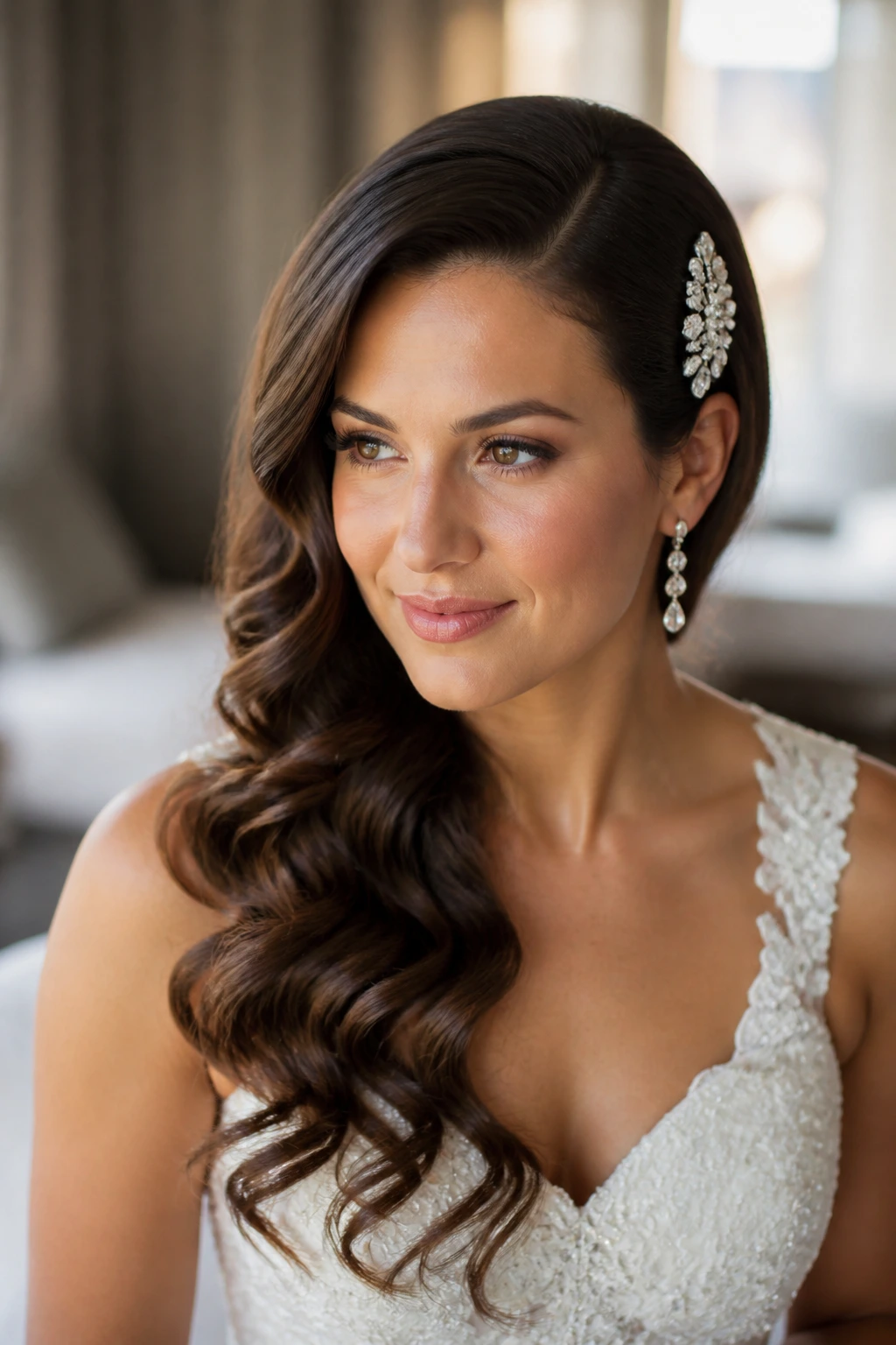 Close-up of a real bride with side-swept waves and a single crystal clip