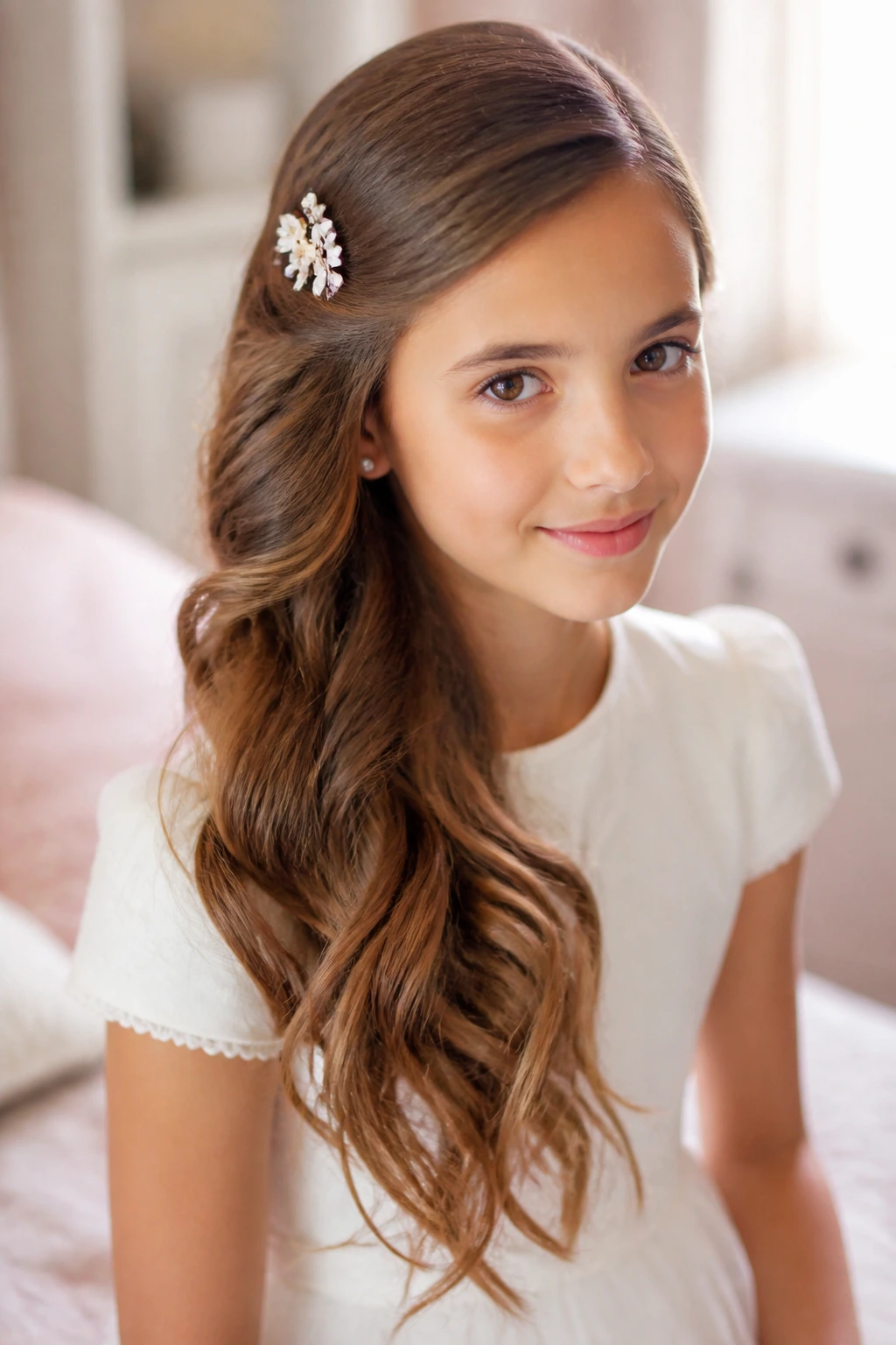 Close-up of a real girl with side-swept loose waves and a floral pin near the temple