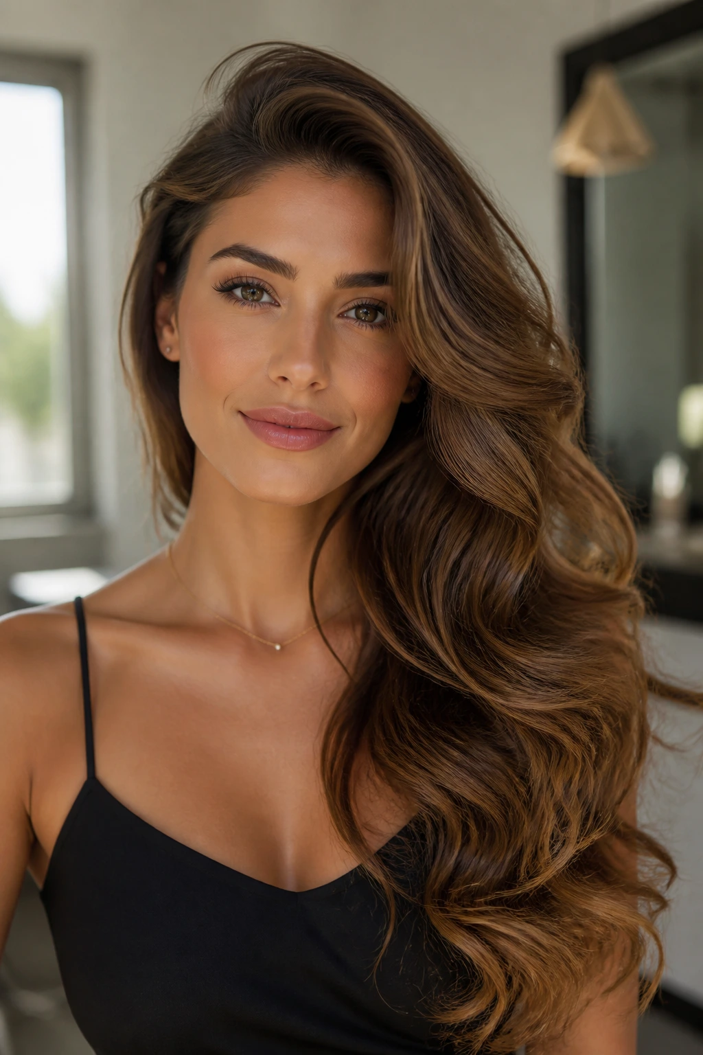 Portrait of a woman with a side-swept glam wave over one shoulder in soft light