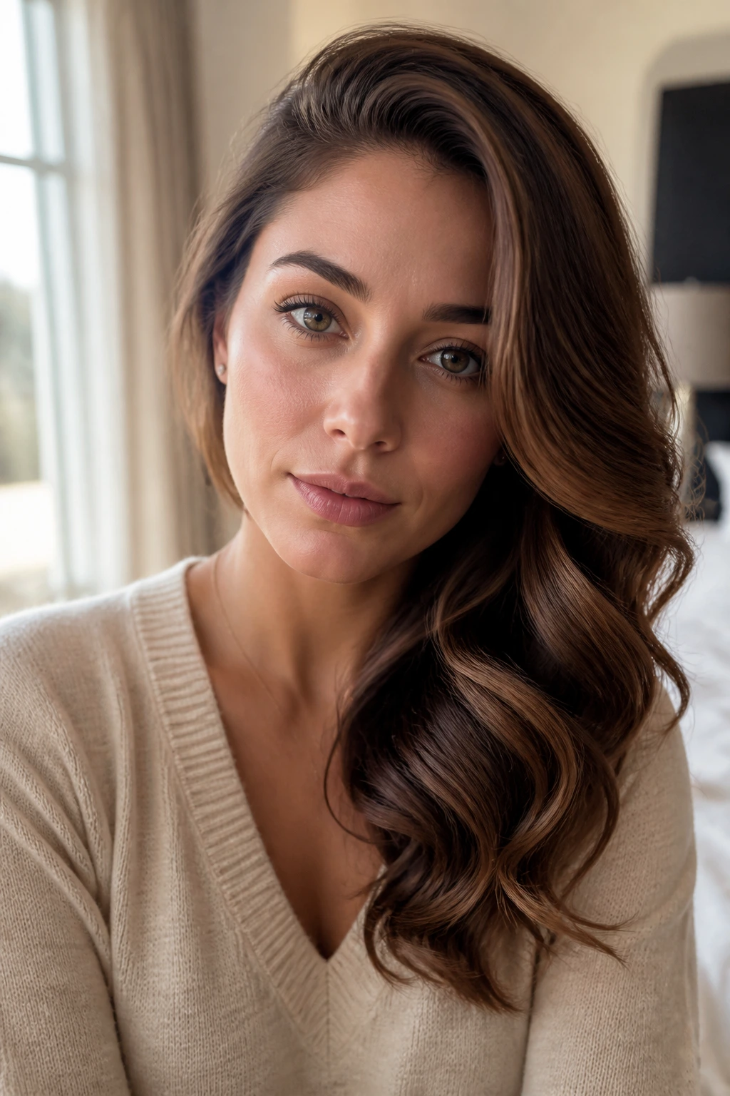 Close-up portrait of a real woman with glossy side-swept waves over one shoulder in natural window light