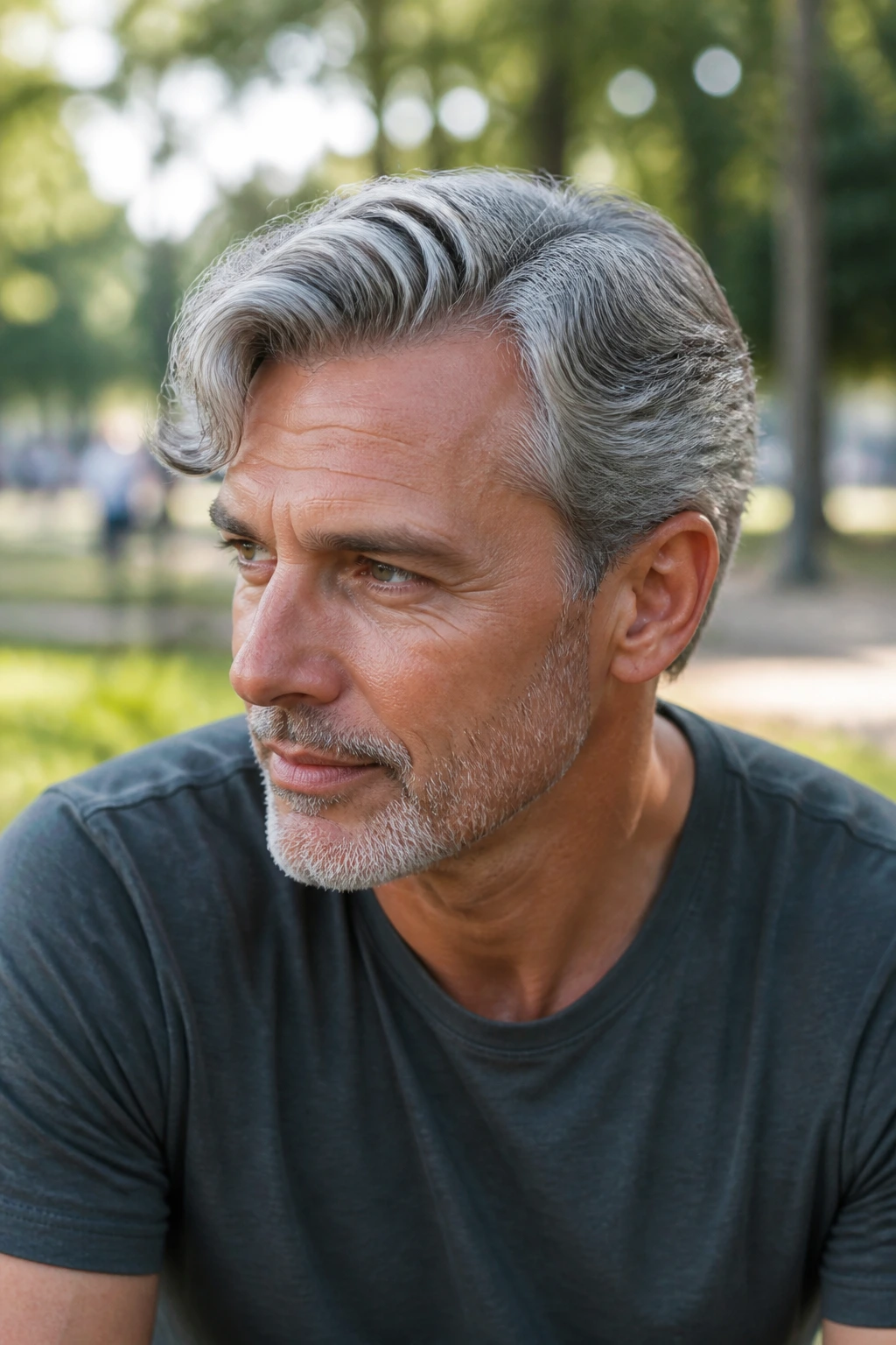 Medium close-up of a man with side-swept gray waves