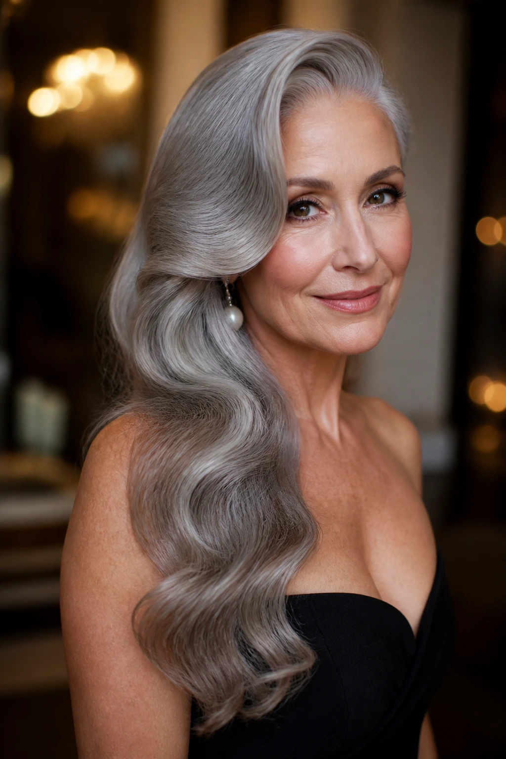 Portrait of a woman with side-swept Hollywood waves on long gray hair.