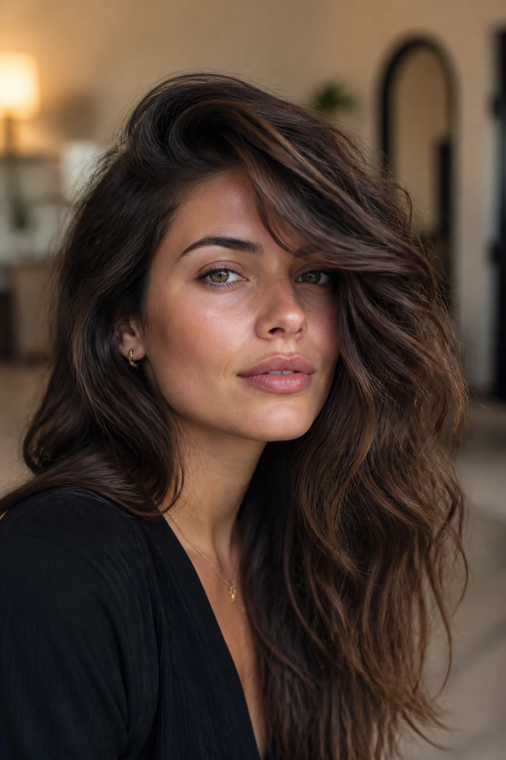 Close-up of a real woman with deep side-swept waves and a heavy front section