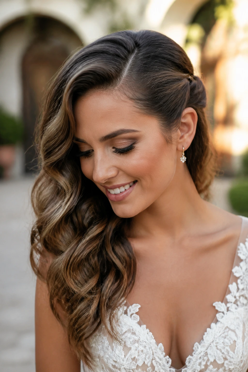 Close-up of a real bride with side-swept waves pinned behind the ear