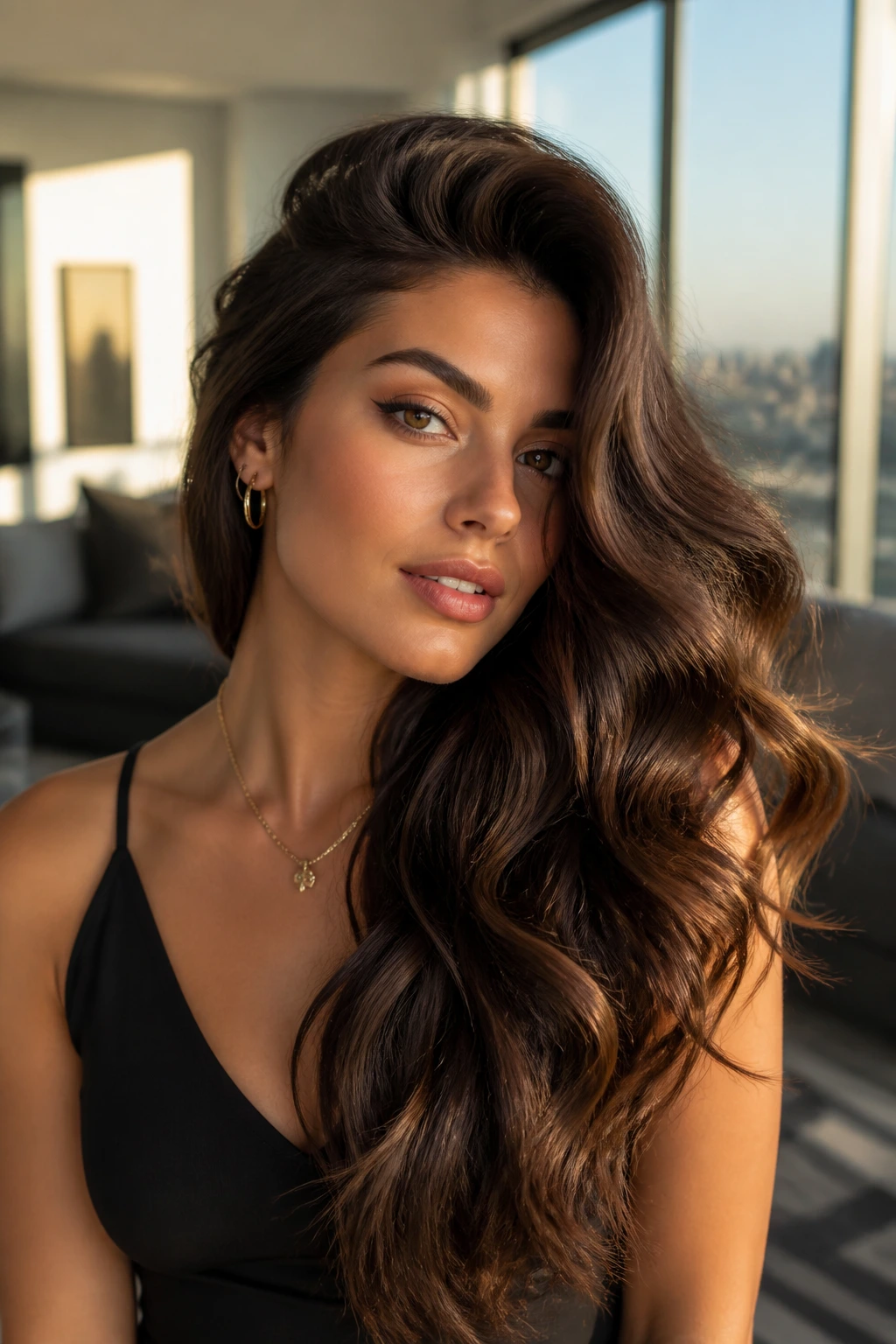 Real person with voluminous side-swept waves on long hair
