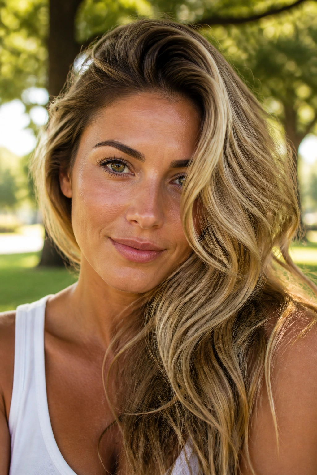 Close-up of a real woman with side-swept beach waves in sunlit outdoor setting