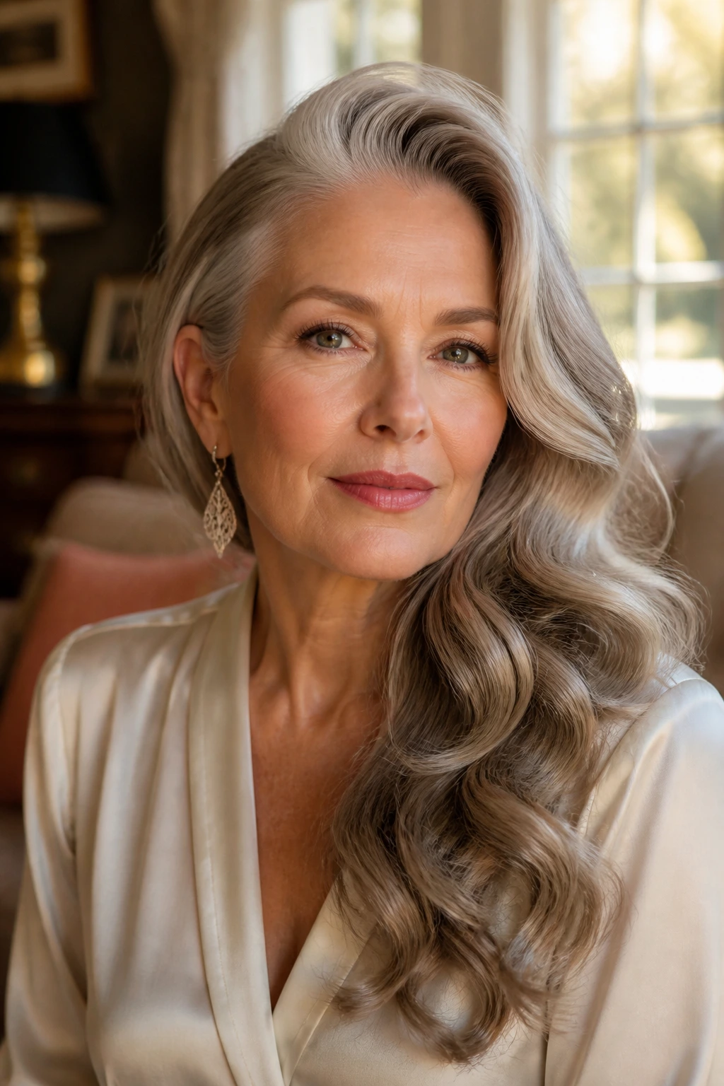 Close-up portrait of a real woman with side-swept glam waves and lifted front in warm window light