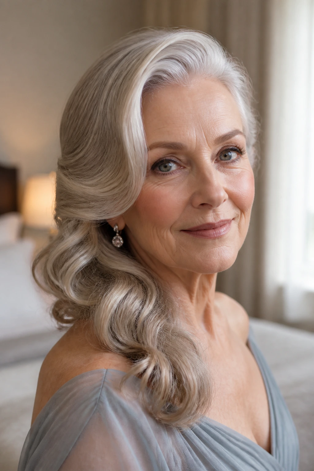 Close-up of a real woman with side-swept waves in warm window light