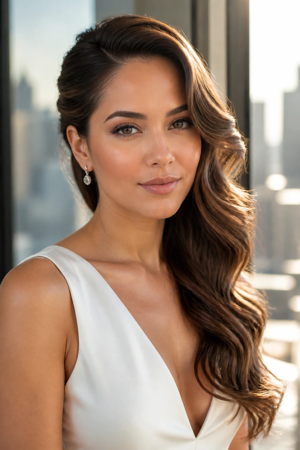 Portrait of a real woman with side-swept glam waves over one shoulder.