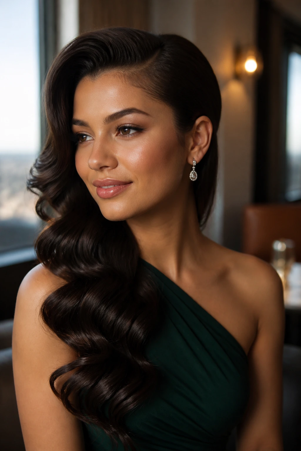 Close-up portrait of a real woman with Side-Swept Glam Waves and a deep side part, warm natural light.