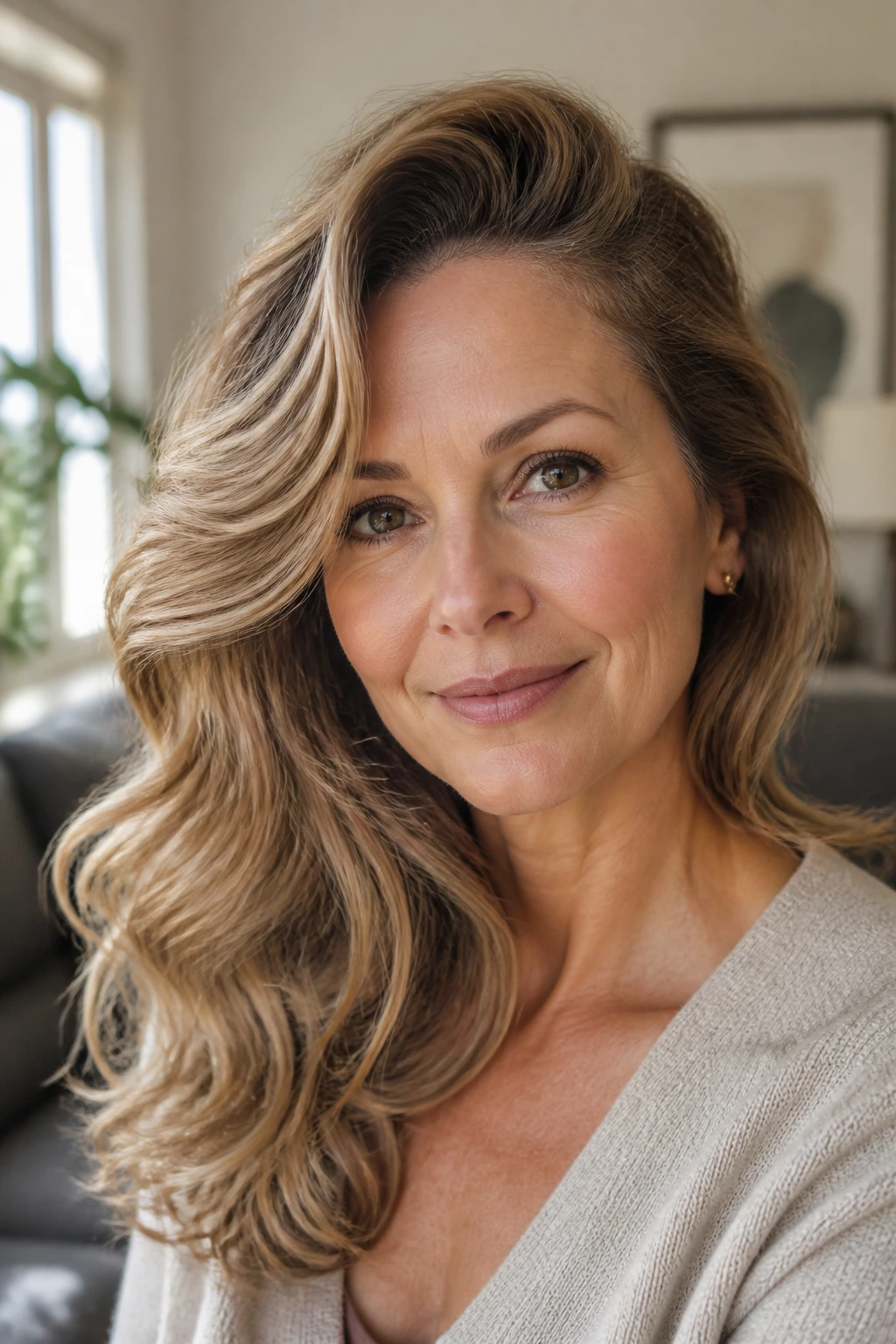 Real woman with side-swept waves and root lift in a cozy living room