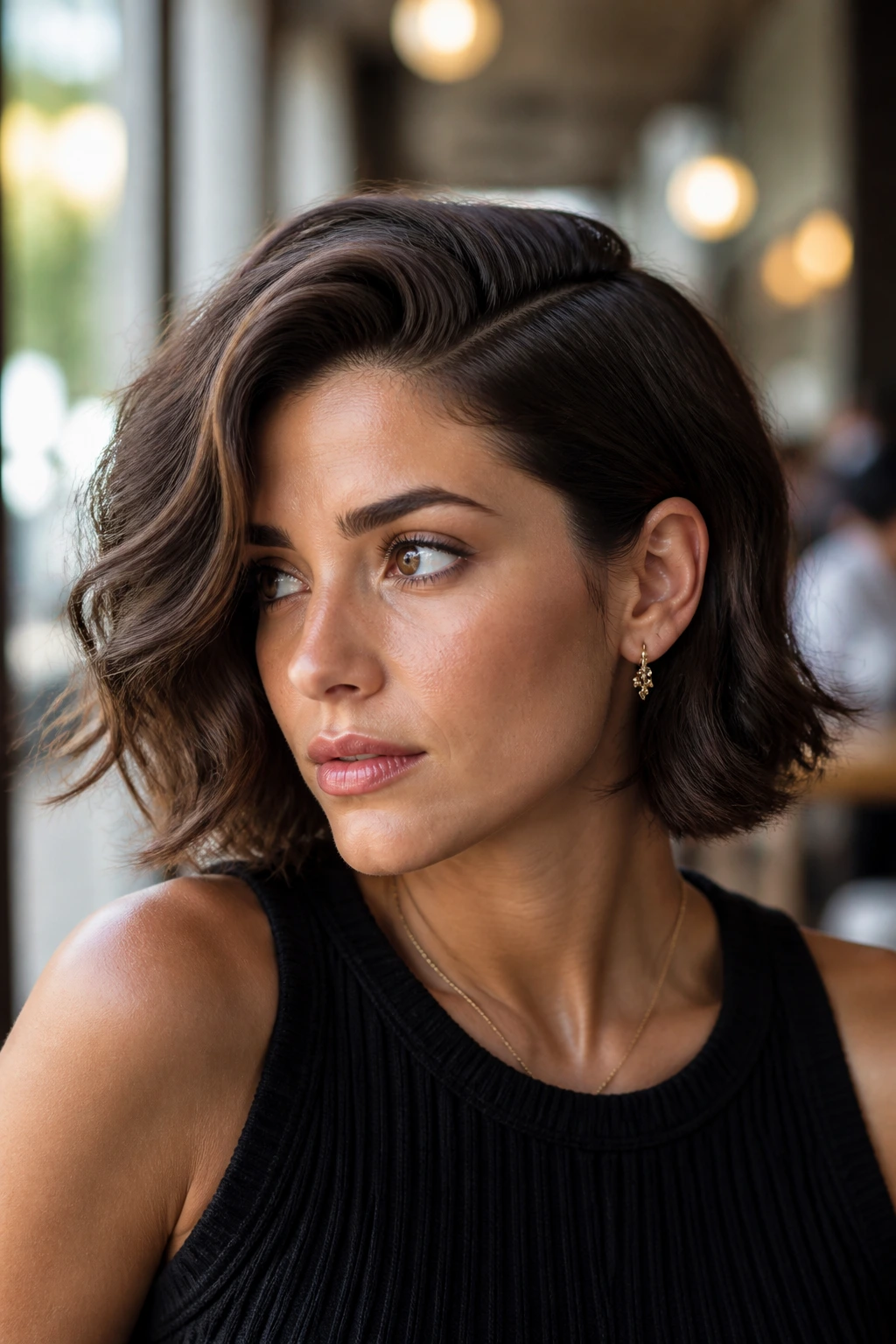 Real woman with deep side-swept waves at shoulder height