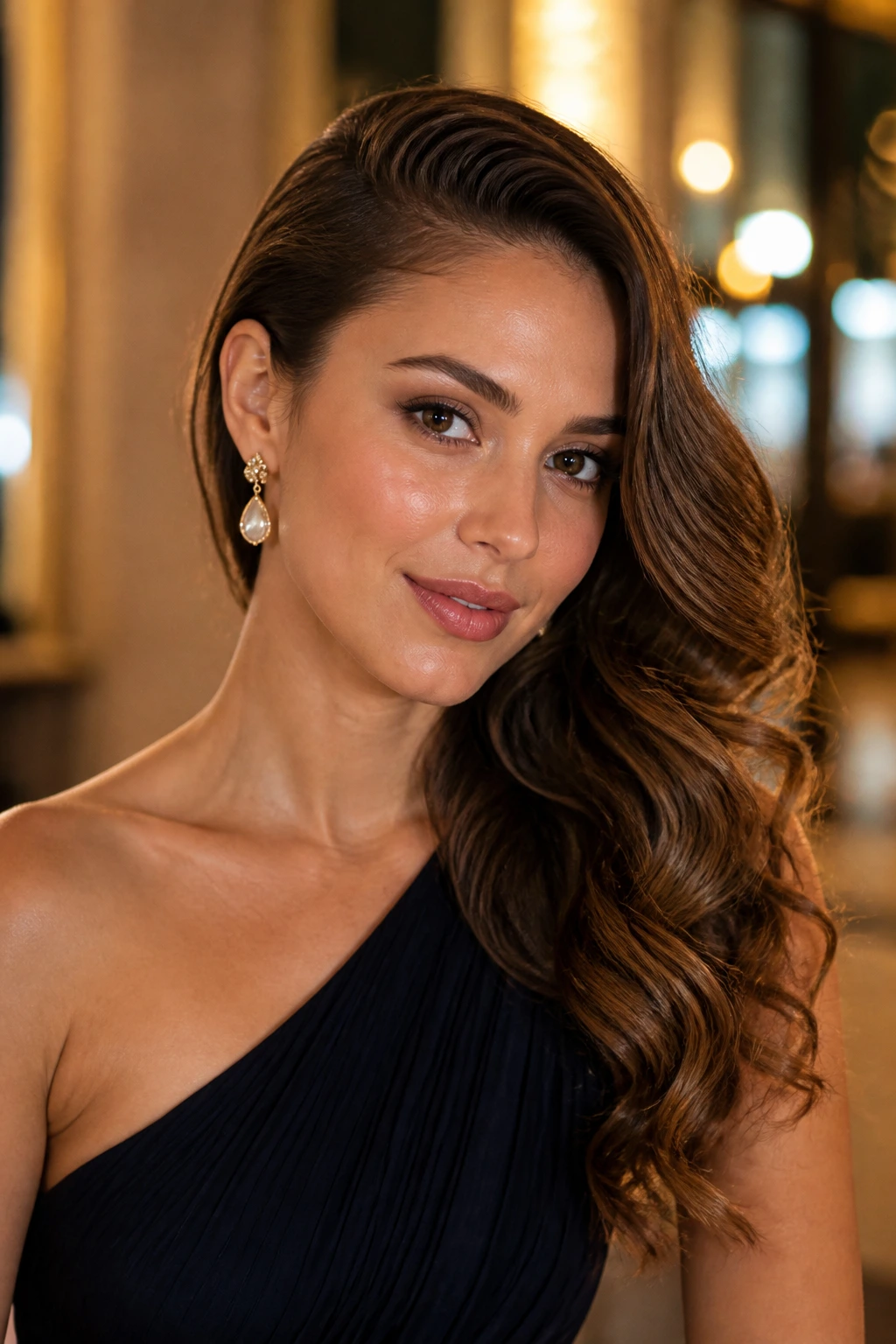 Portrait of a real woman with side-swept one-shoulder waves
