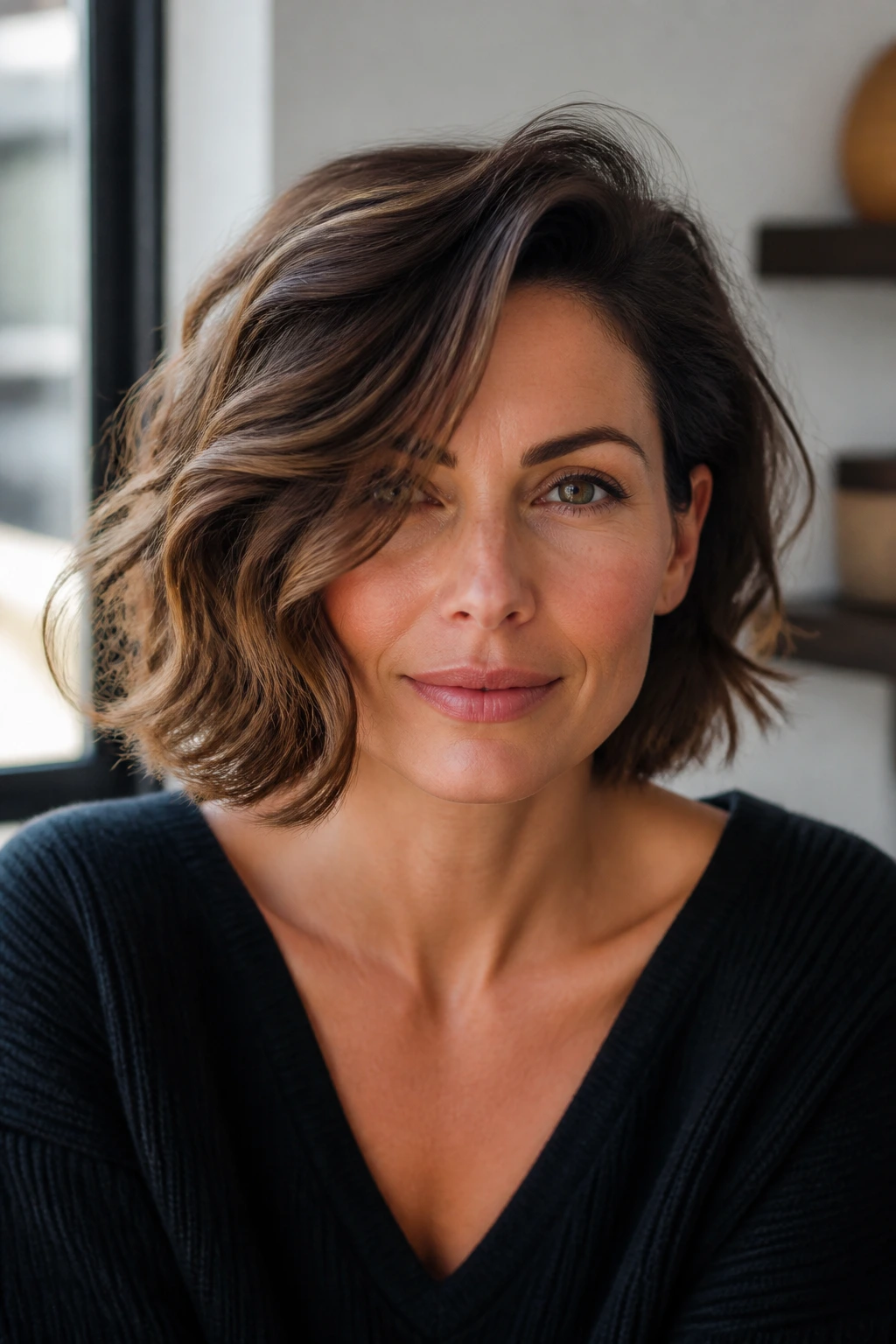 Real woman with a side-swept wavy bob.