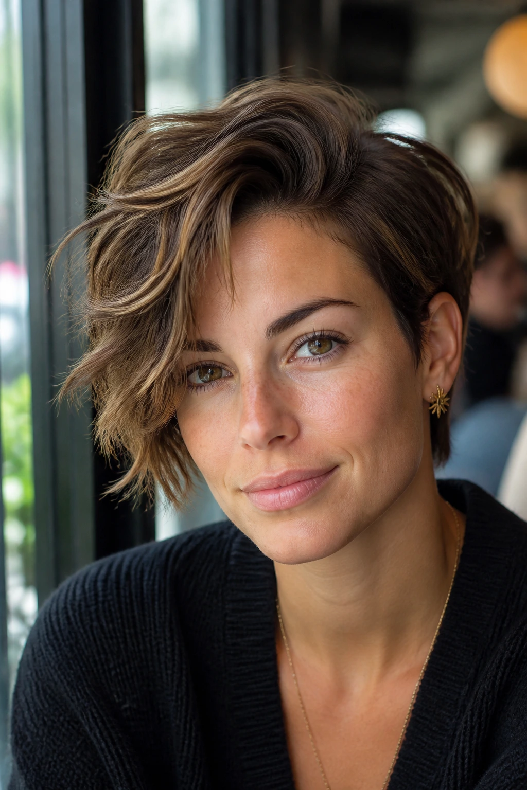 Portrait of a woman with a deep side-part wavy crop