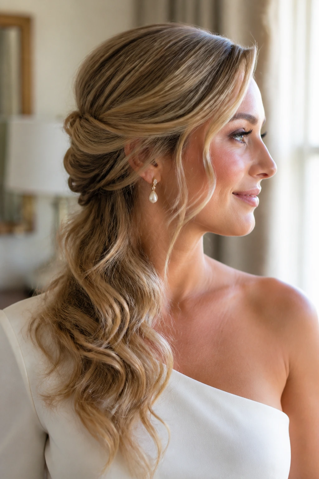 Bride with one-shoulder side swept hairstyle cascading over shoulder