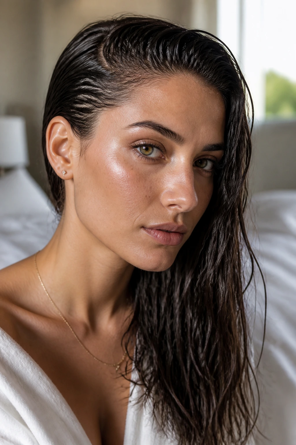Close-up of a real woman's side-swept glossy wet-length hairstyle pinned behind the ear