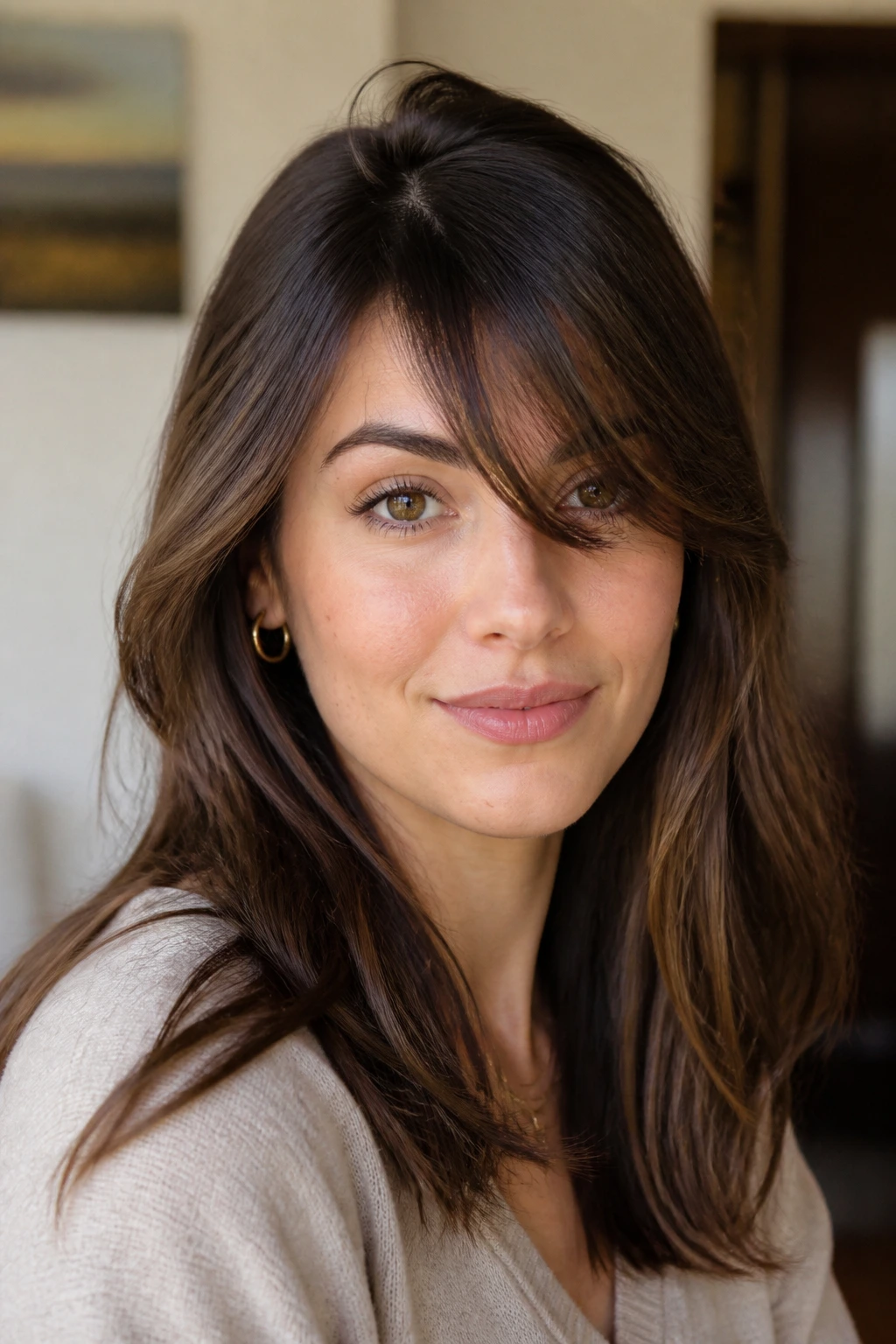 Portrait of a real woman with side-swept wisps across the brow