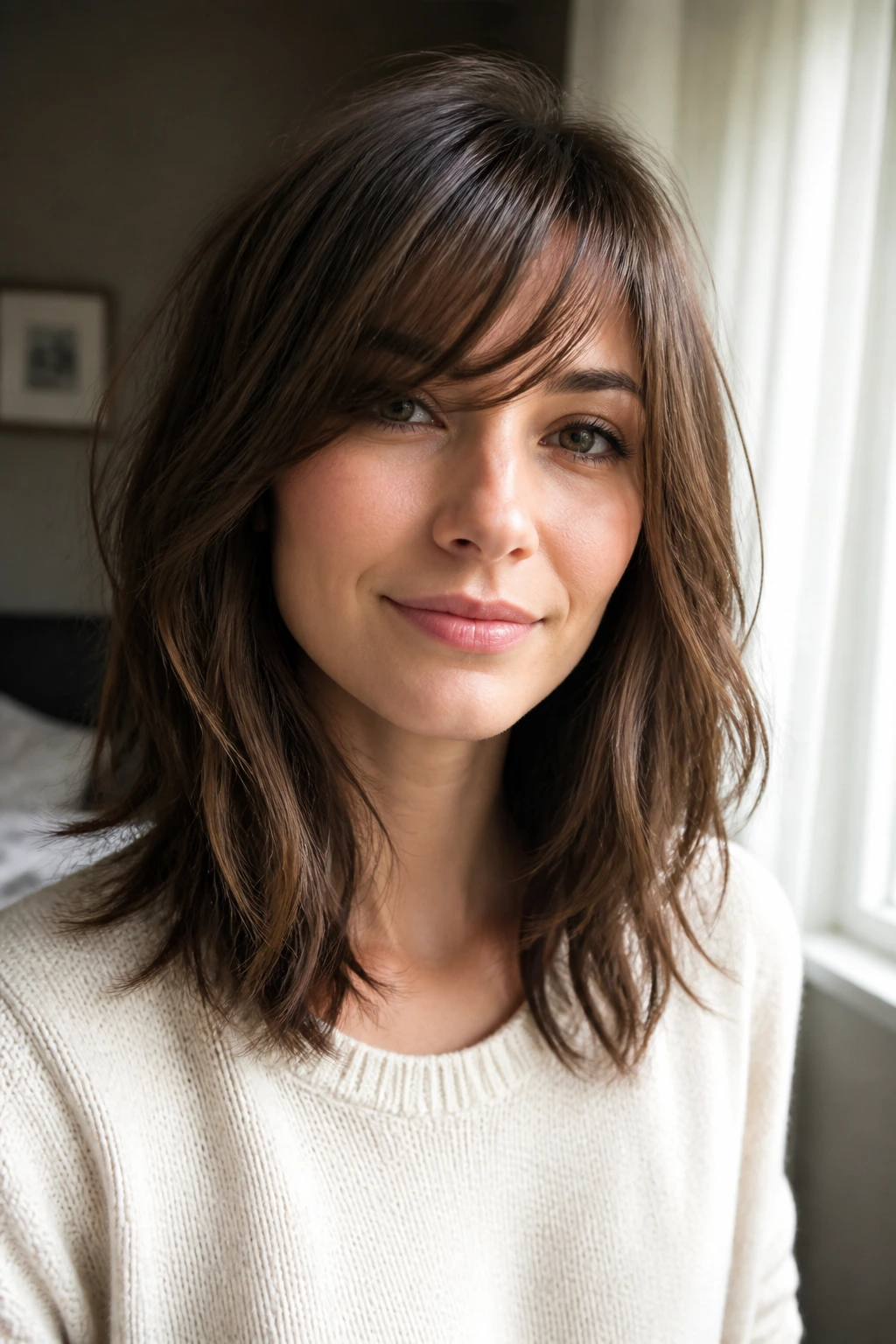 Portrait of person with side-swept wispy bangs in soft bedroom light