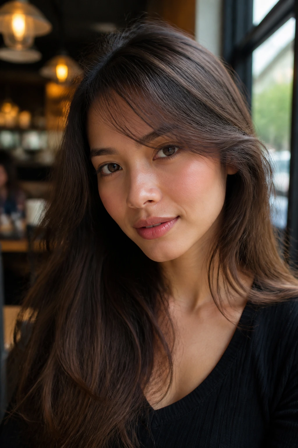 Portrait of a real woman with side-swept wispy bangs