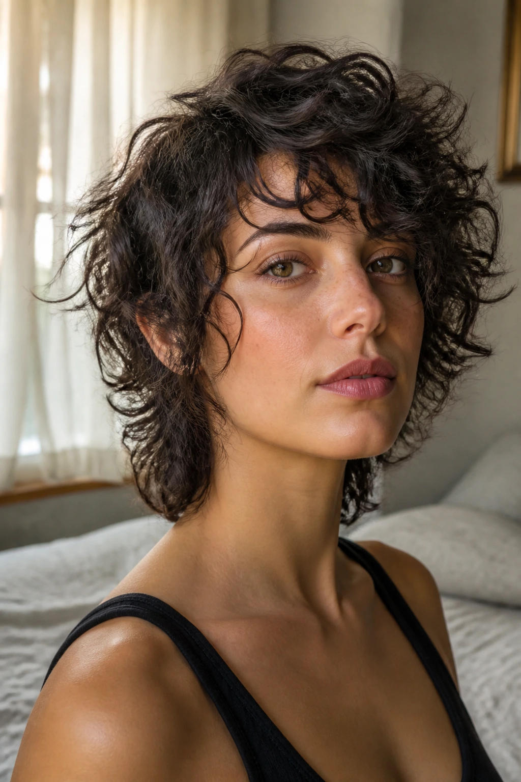 Close-up portrait of a woman with a side-swept wolf cut, diagonal front and curls