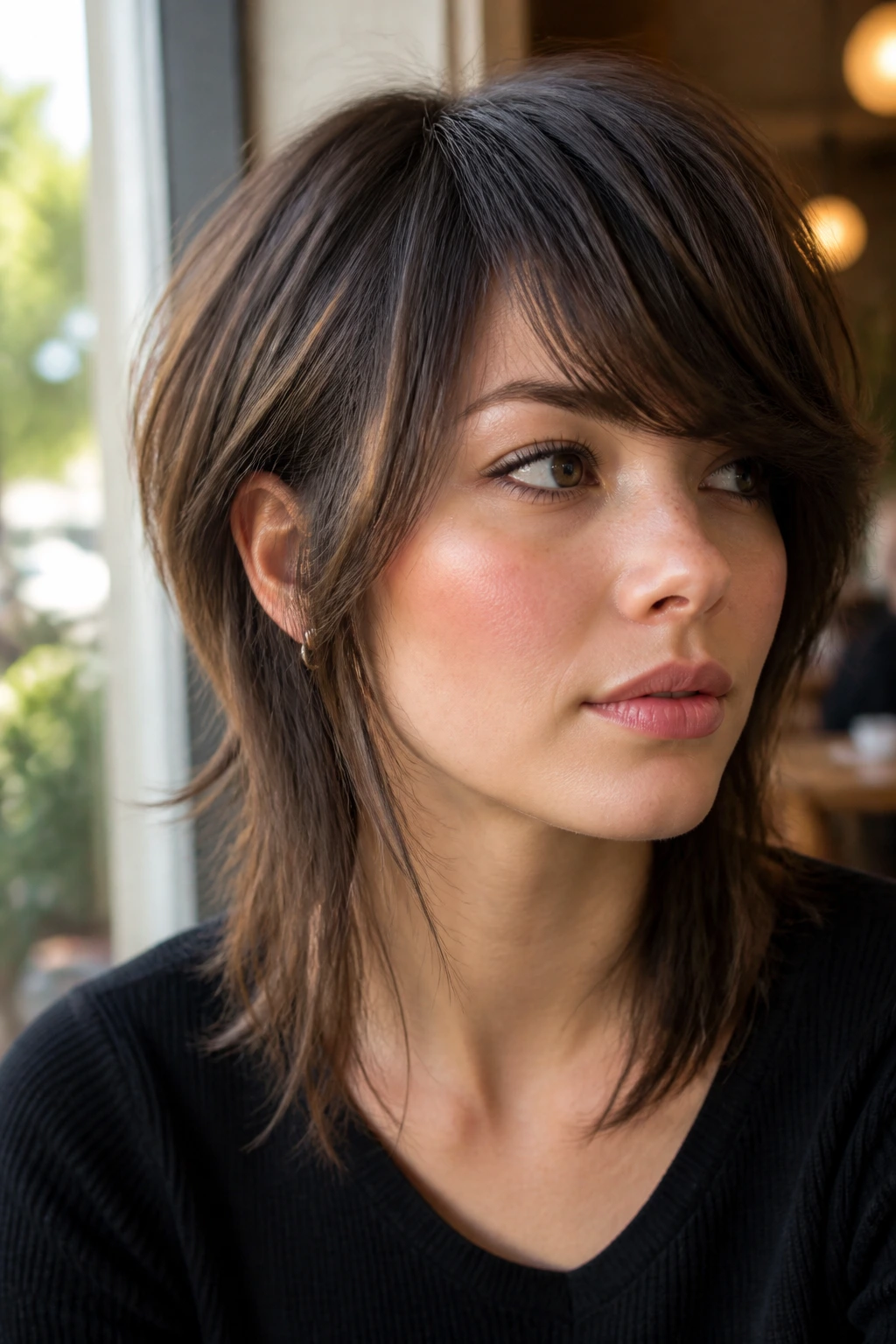 Close-up of a real person with a side-swept wolf cut by a cafe window
