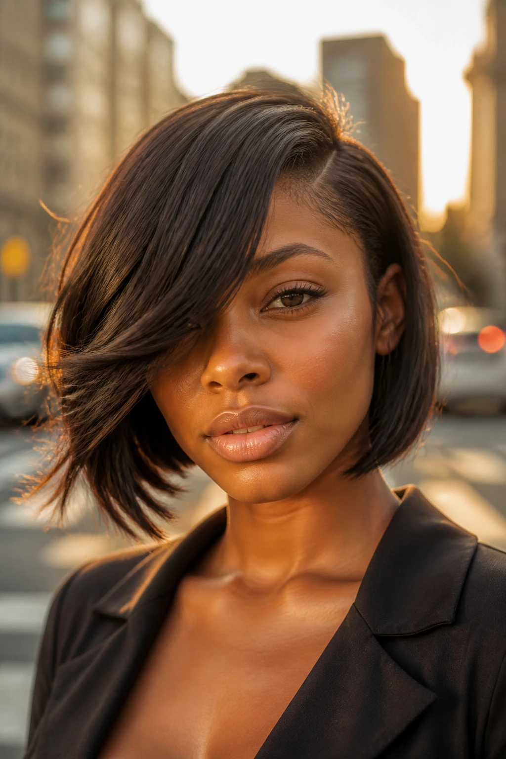 Close-up of a real person with a side-swoop bob and diagonal fringe.