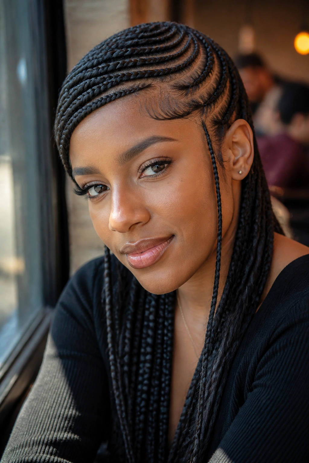 Portrait of side-swoop feed-in braids framing the face on a real woman