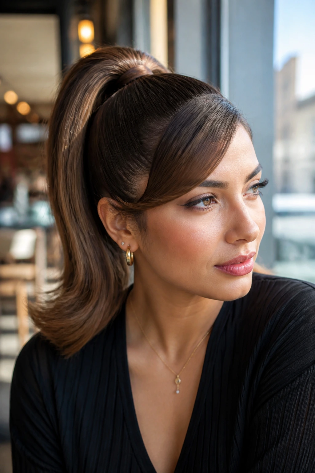 Close-up of a real woman with a side-swoop glamour ponytail in daylight