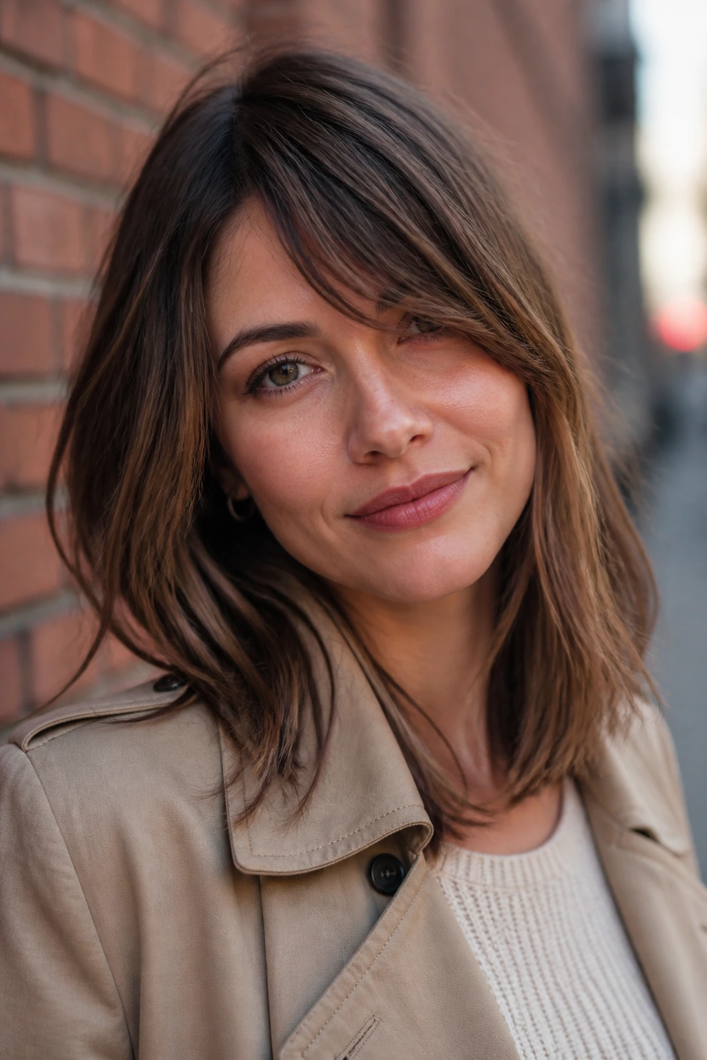 Close-up of a real person with side-tilt curtain bangs in urban daylight