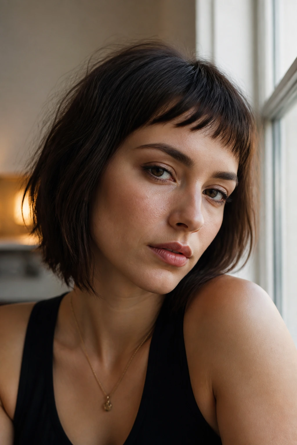 Real woman with side-tilted micro fringe in warm indoor light