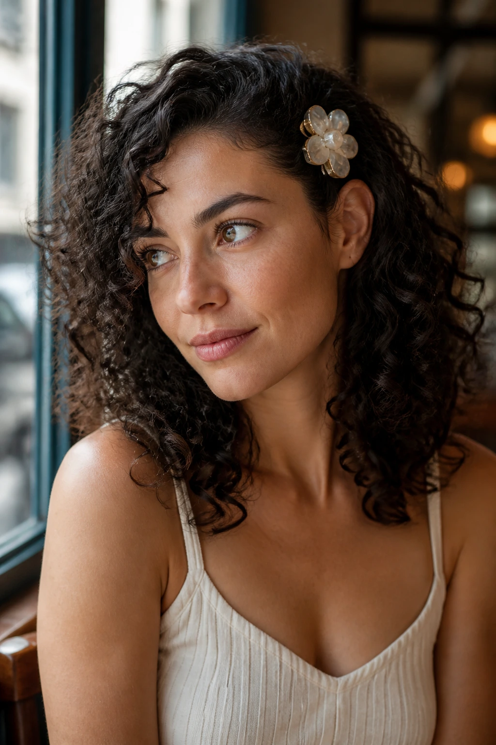 Close-up of a woman with a side tuck secured by a statement clip