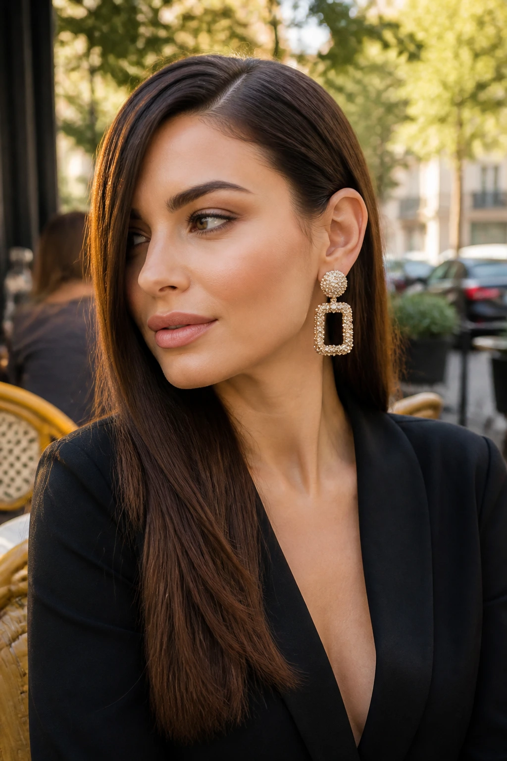 Close-up of a real woman with a side tuck and bold earrings