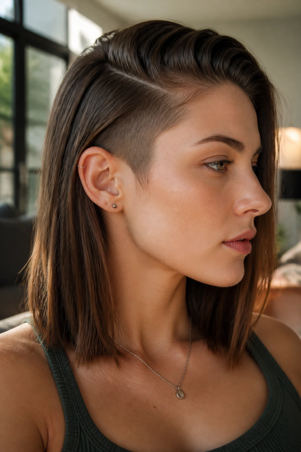 Portrait of a real person showing a side-tuck undercut on straight hair.