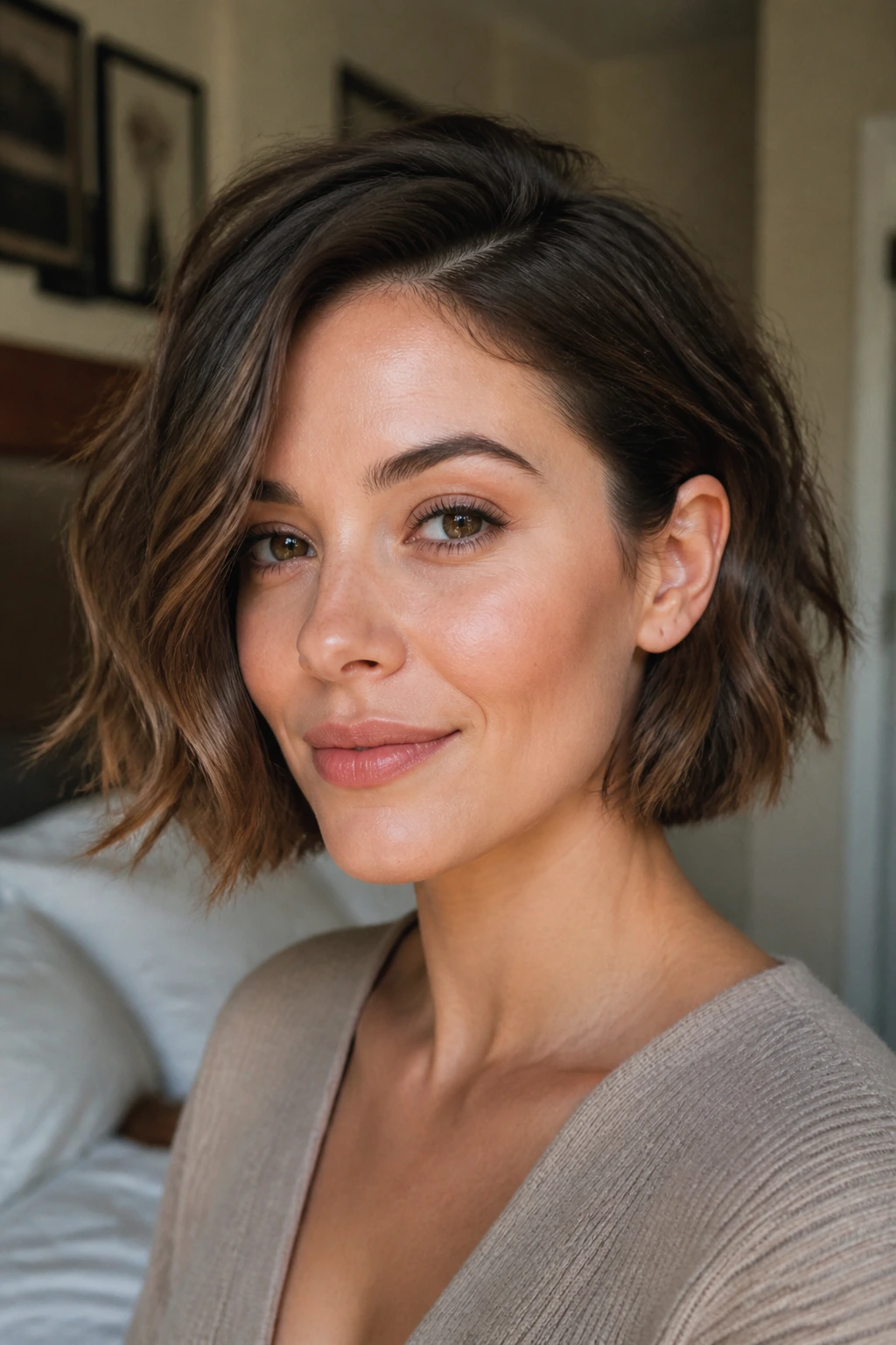 Portrait of a real woman with a side-tucked bob and soft waves