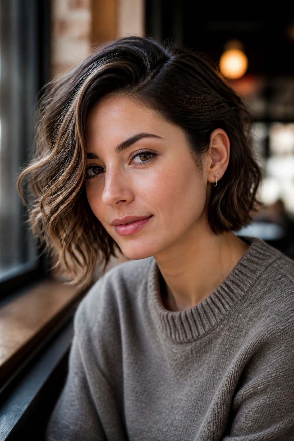 Close-up of a woman with a side-tucked wavy bob