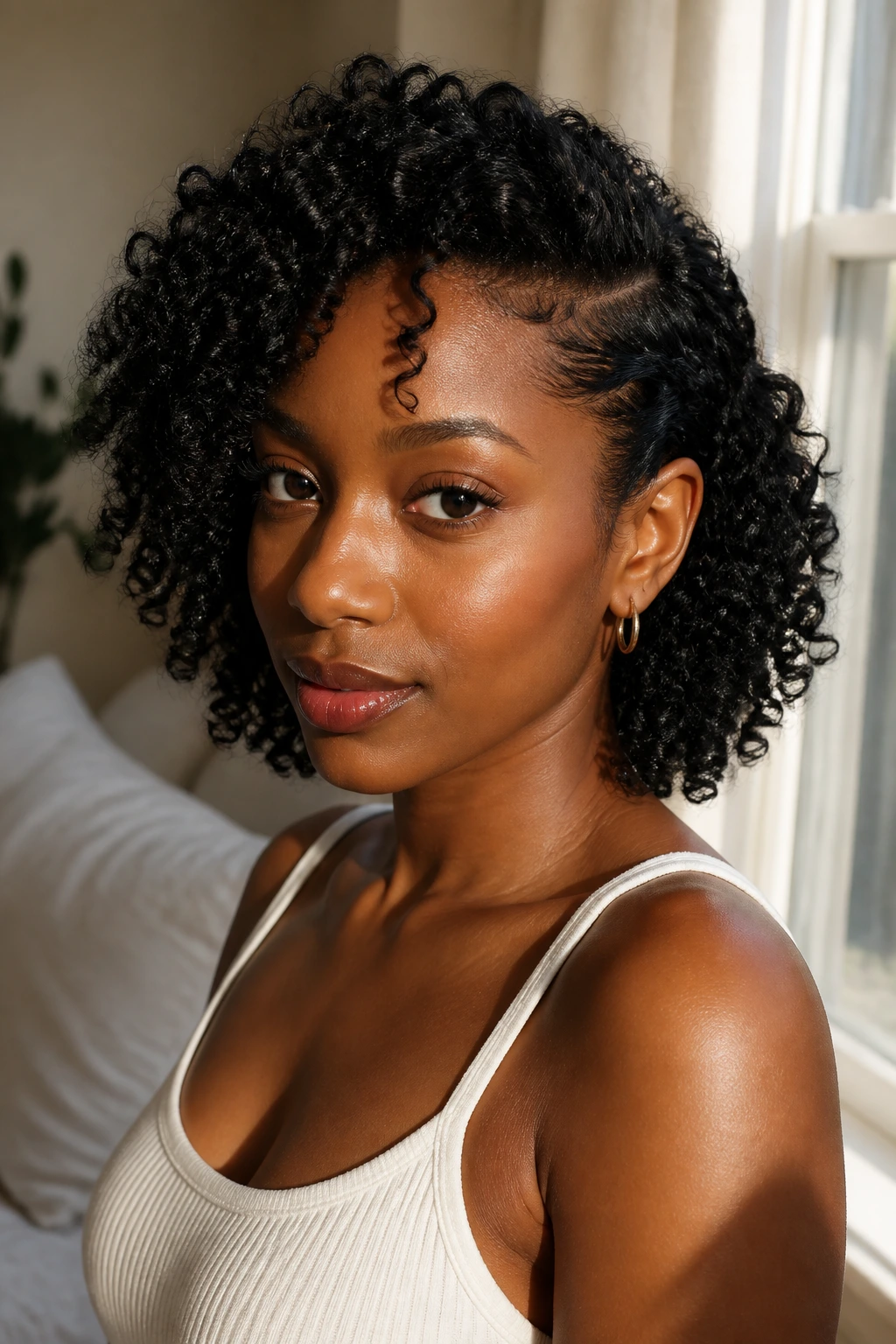 Close-up of a real woman with one side tucked behind the ear, showcasing side-tucked coils.