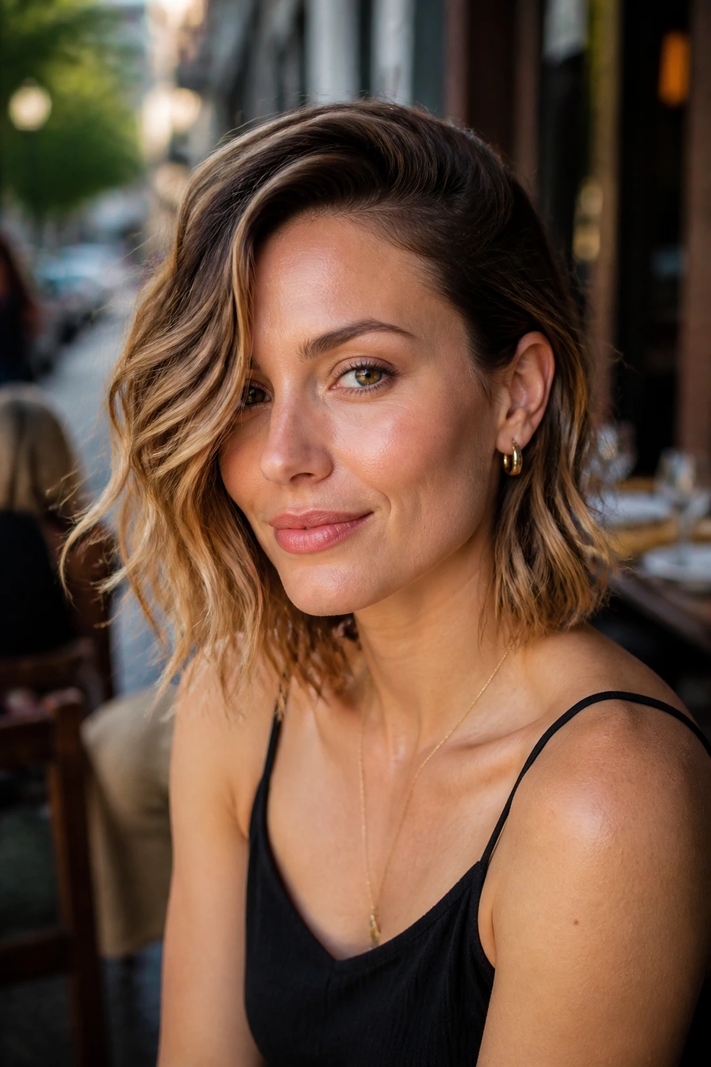 Close-up of real woman with side-tucked lob at outdoor cafe