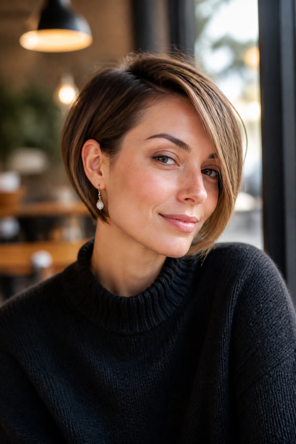 Portrait of a real woman with side-tucked pixie bob showing ear and face