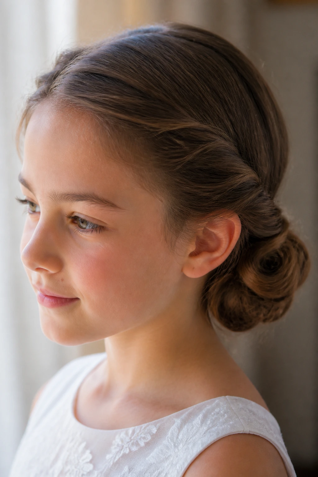 Profile view of side-twist bun behind the ear