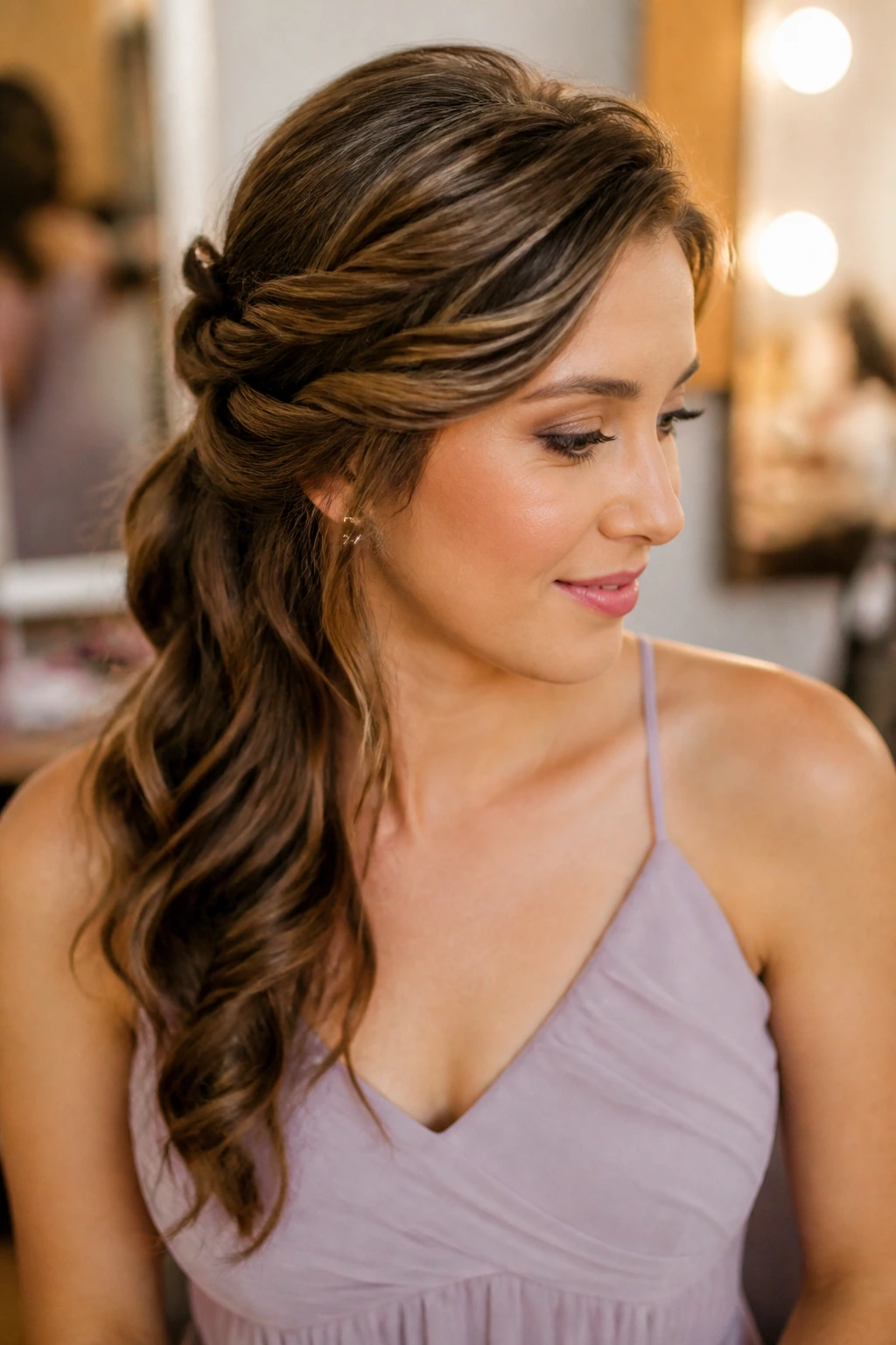 Close-up of a real woman with side-twist half-up hairstyle