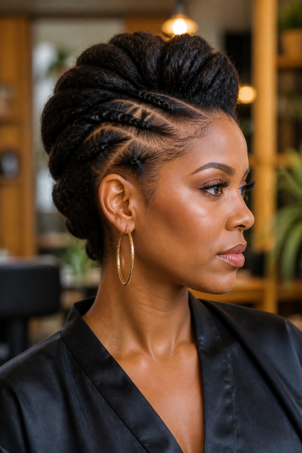 Close-up portrait of a real woman with a side-twist layer hawk hairstyle.