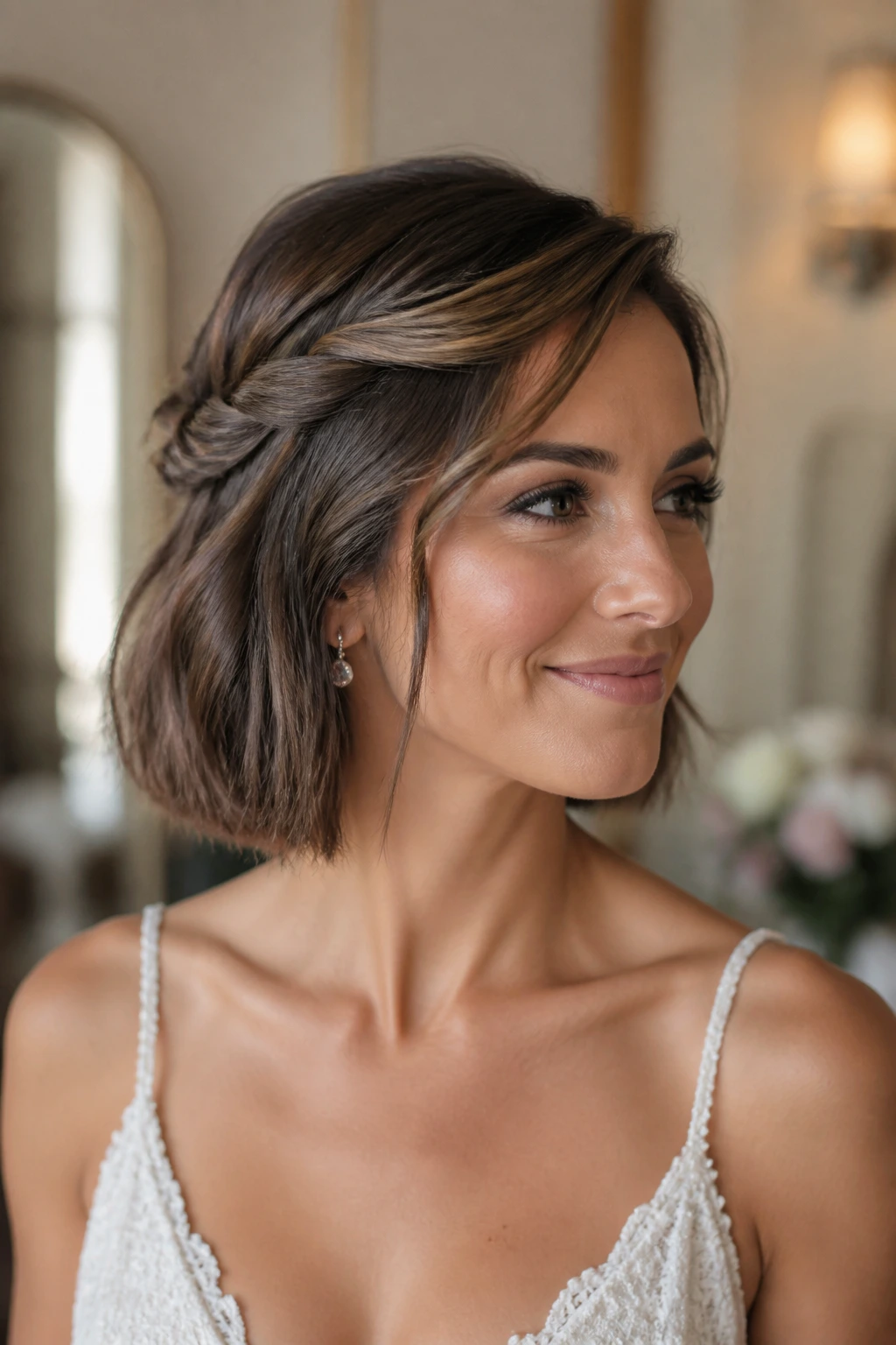 Close-up of real bride with side twist sweep bob in wedding prep space