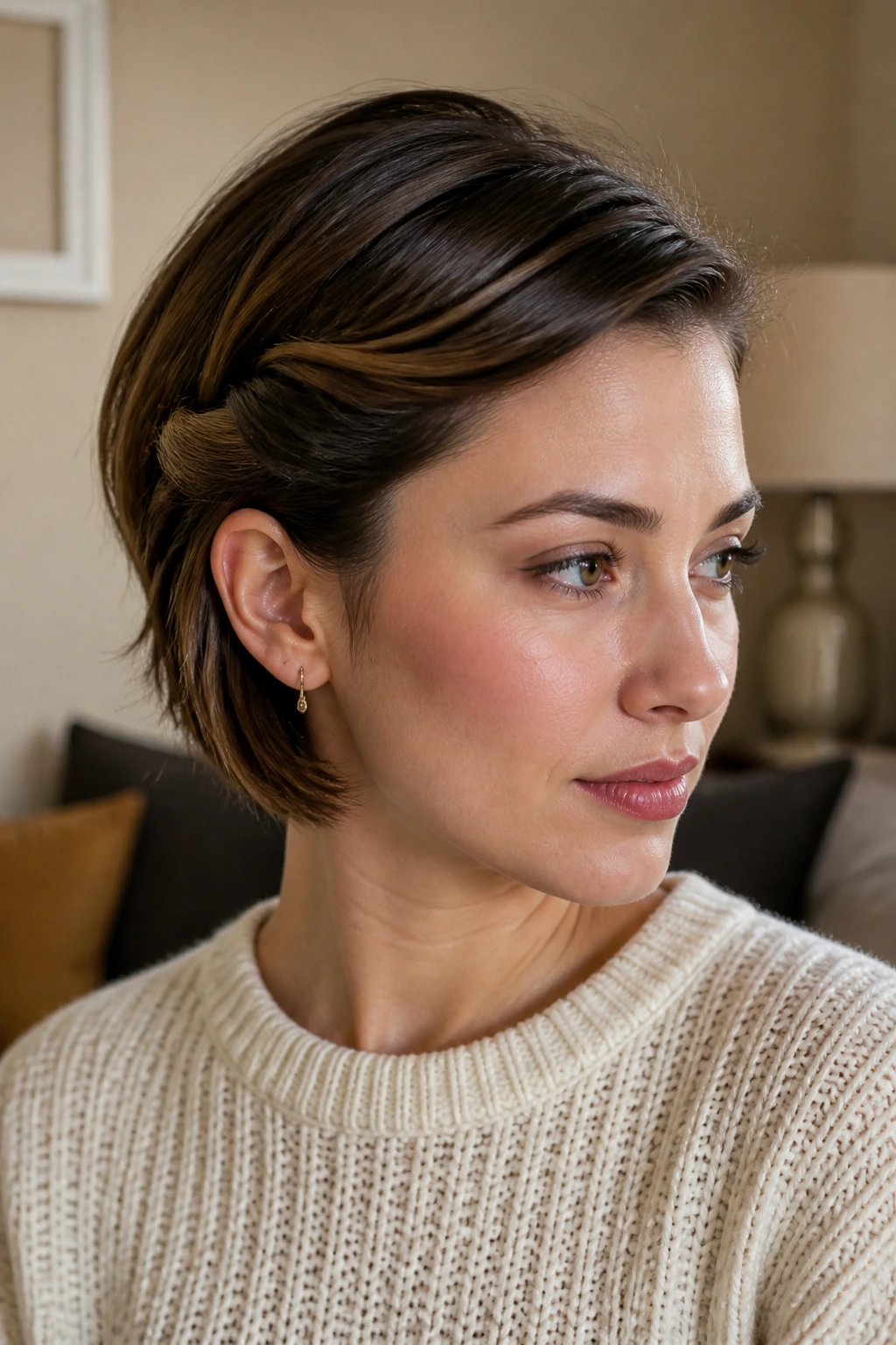 Close-up of a real woman with a deep side part and twist tucked under