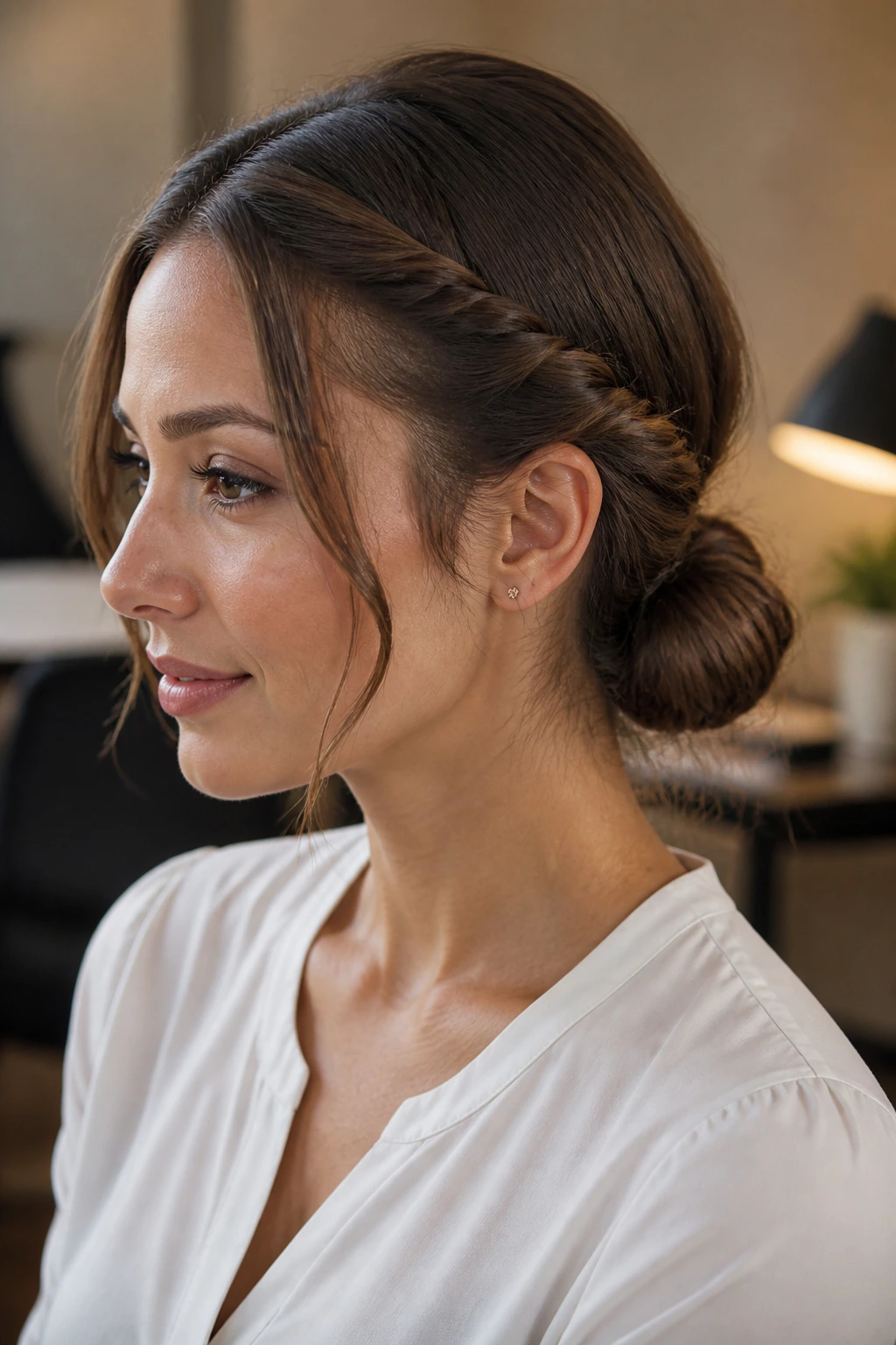 Real woman with side twists forming a low knot in a professional setting