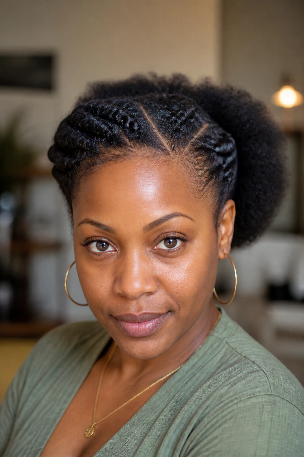 Side flat twists feeding into a puff on a real woman